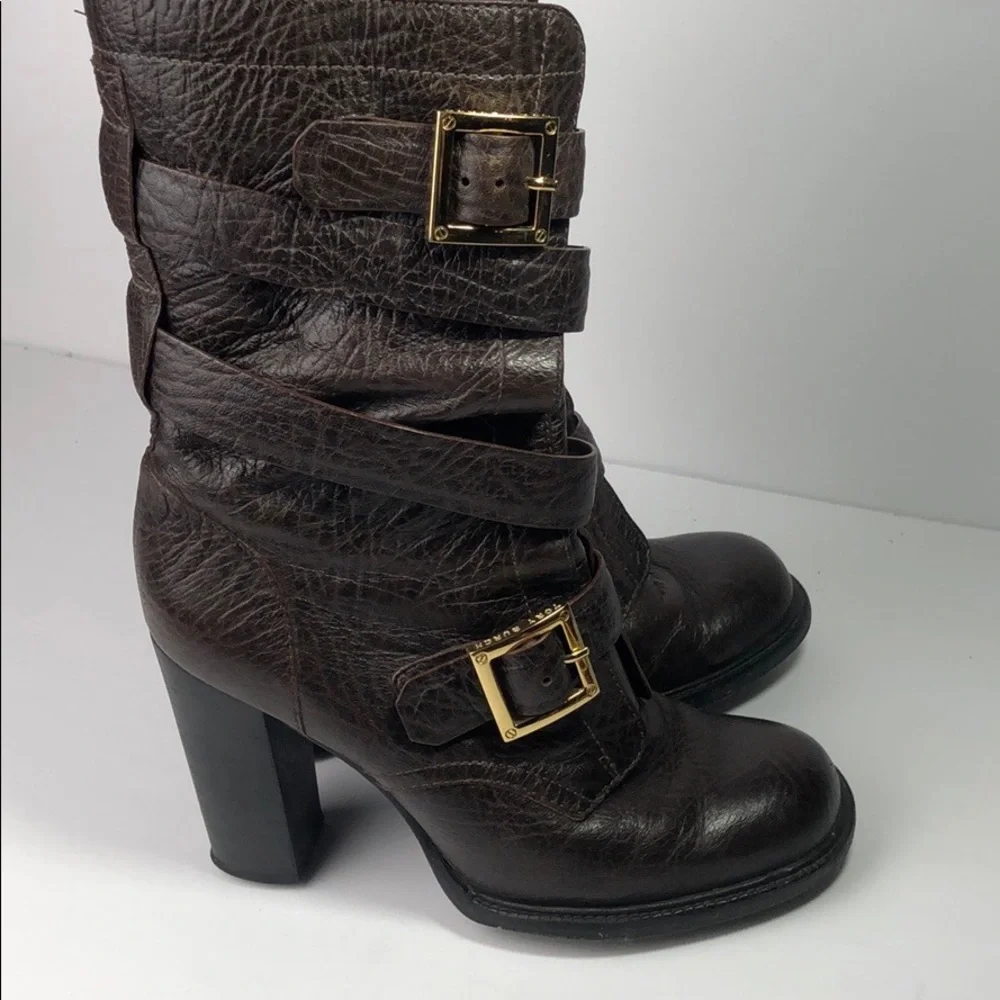Tory Burch Dark Brown Leather Heeled Buckle Boots